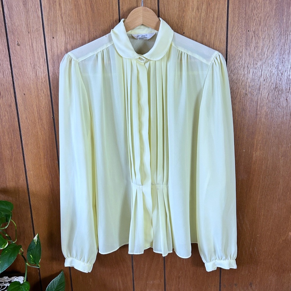 Vintage Kle Womens Pale Yellow Pleated Front Chiffon Blouse Peter Pan Collar‎ L